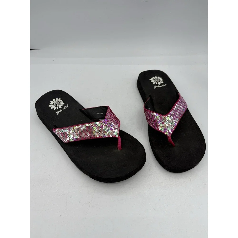 Yellow‎ Box Sandals Womens Size 7.5 Chiles Sequin Pink Bla Thong Slide Flip Flop